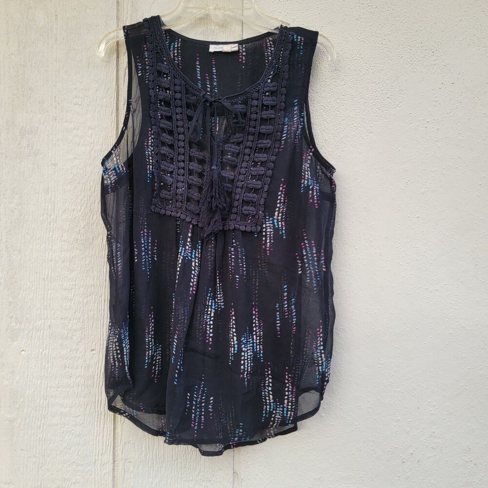 Anthropologie Deletta sheer multi colored printed embroidery detail top sz small